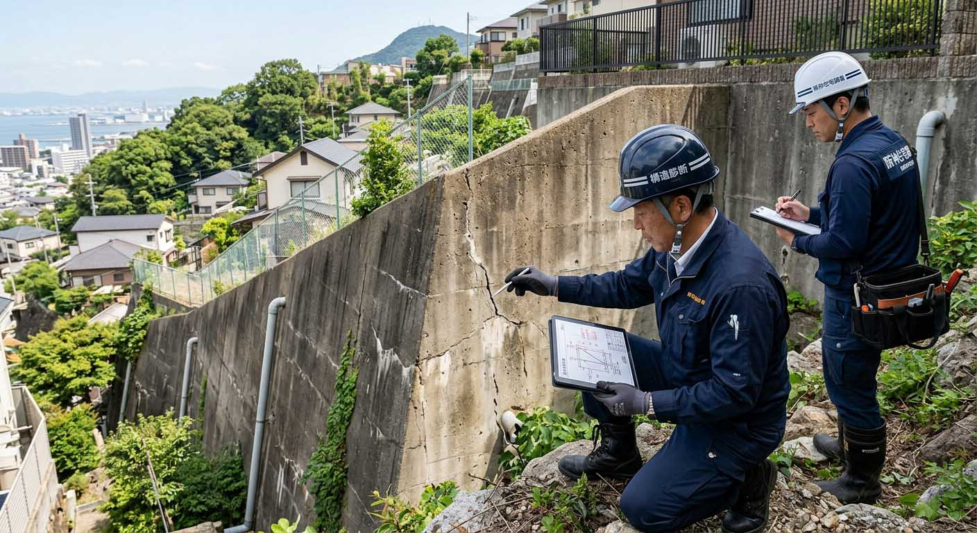 阪神間の斜面地や擁壁の状態を現地調査する専門スタッフ