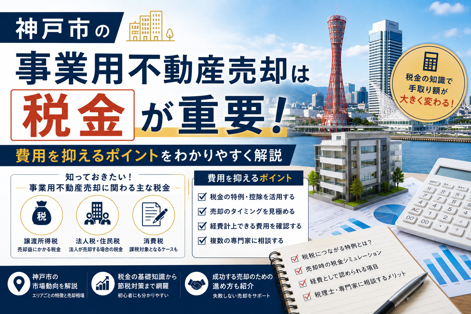 神戸市の事業用不動産売却は税金が重要!費用を抑えるポイントをわかりやすく解説の画像