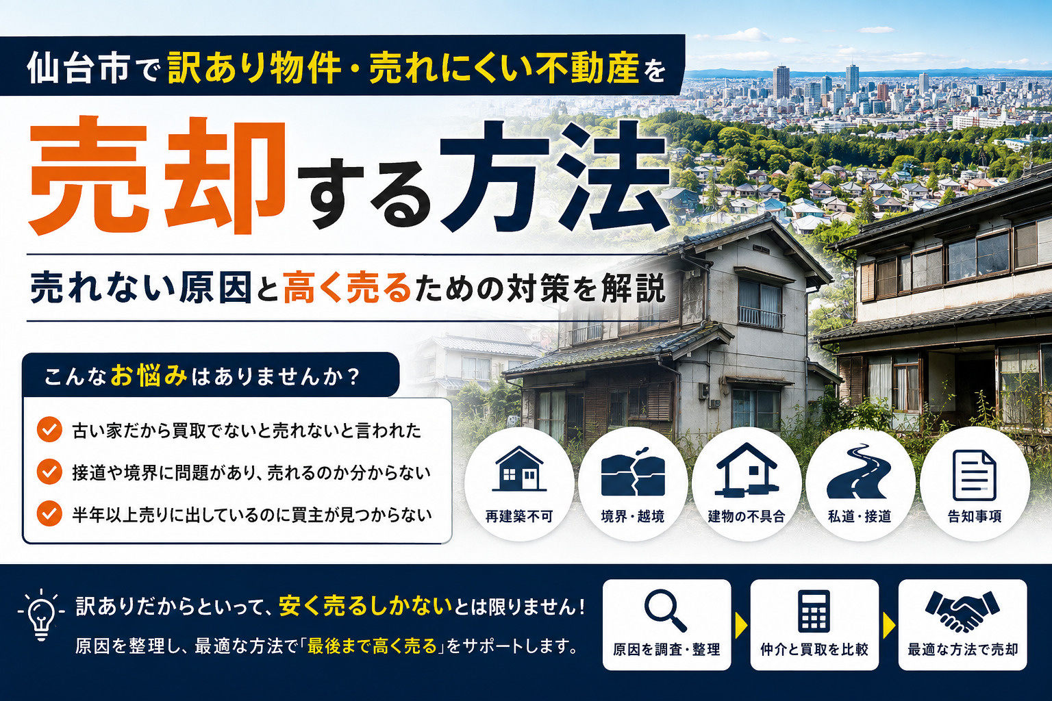 仙台市で訳あり物件・売れにくい不動産を売却する方法｜売れない原因と高く売るための対策を解説の画像