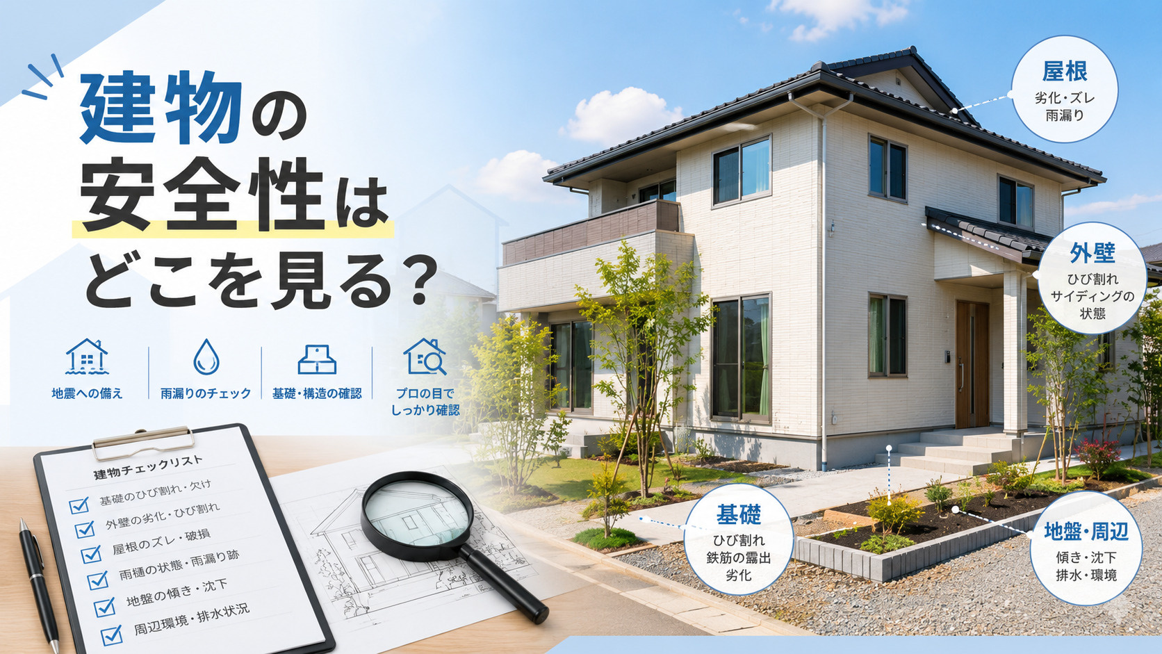 建物の安全性はどこを見る?耐震・基礎・地盤・雨漏りの確認ポイントを解説の画像