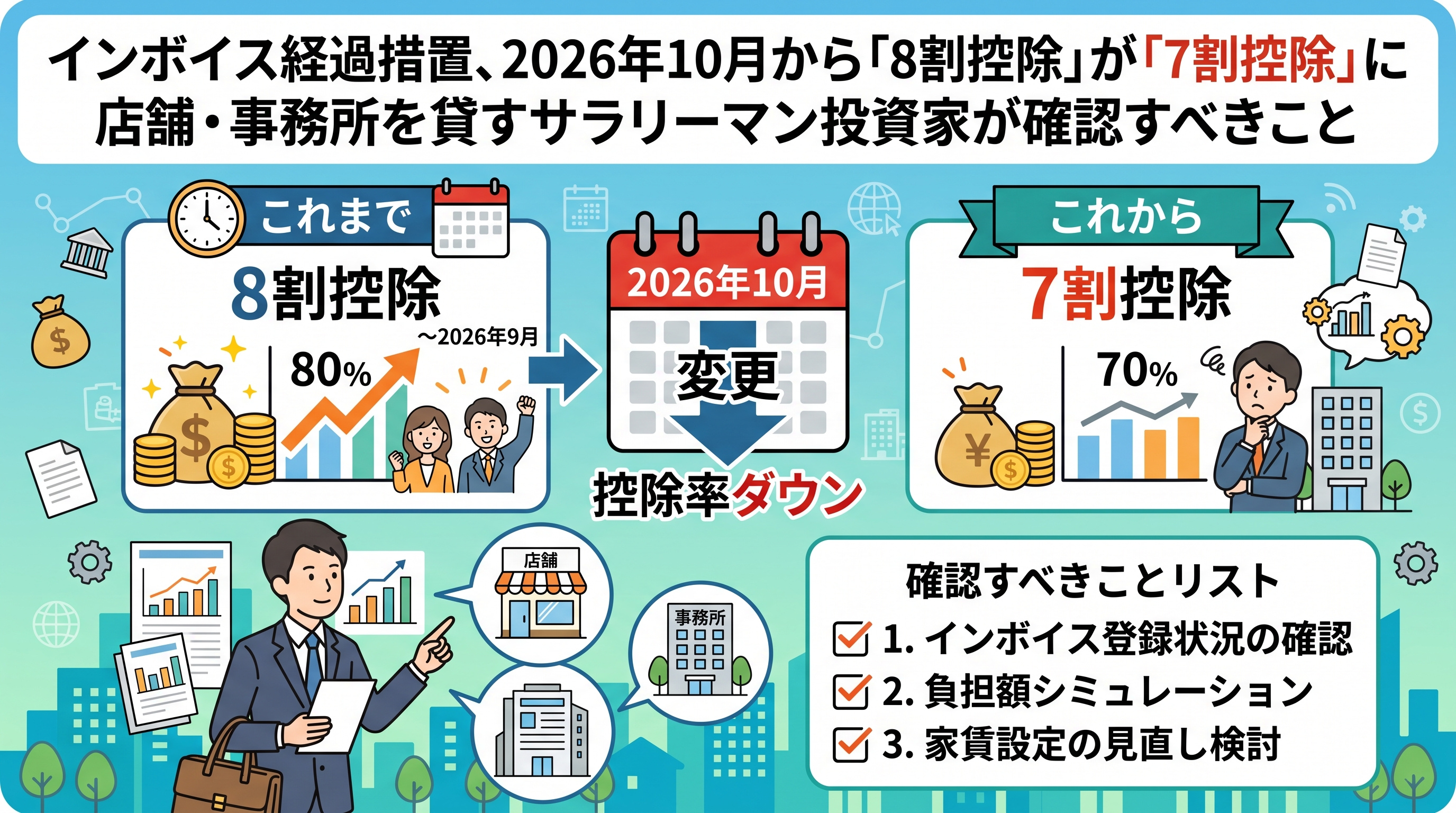 インボイス経過措置10月変更「8割→7割控除」大家の確認点の画像