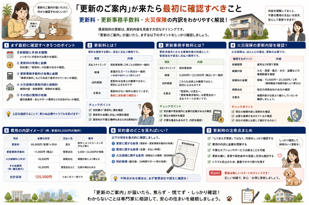 「更新のご案内」が来たら最初に確認すべきこと　更新料・更新事務手数料・火災保険の内訳の画像