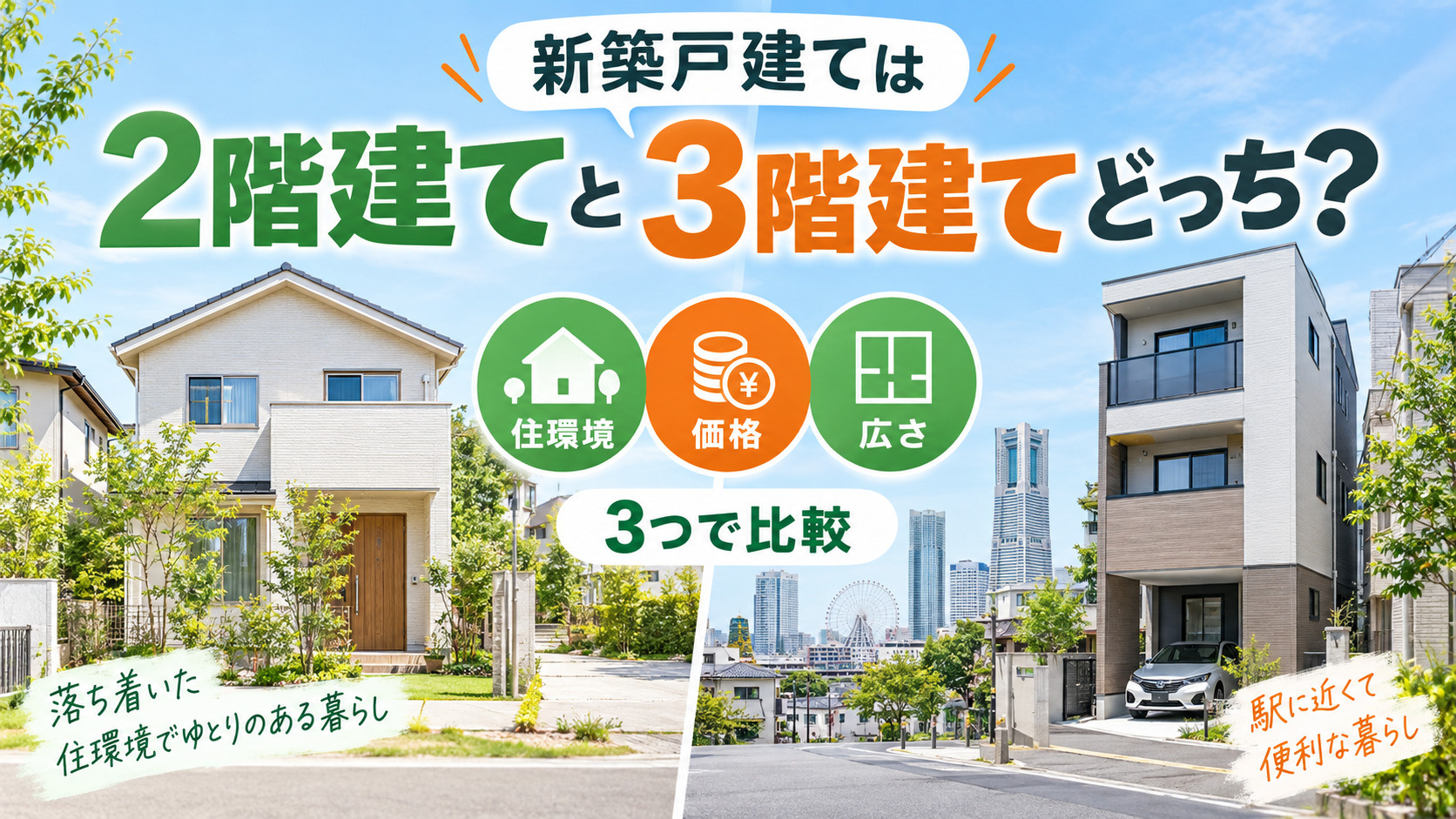 新築戸建ては2階建てと3階建てどっち?「住環境・価格・広さ」の3つで比較の画像