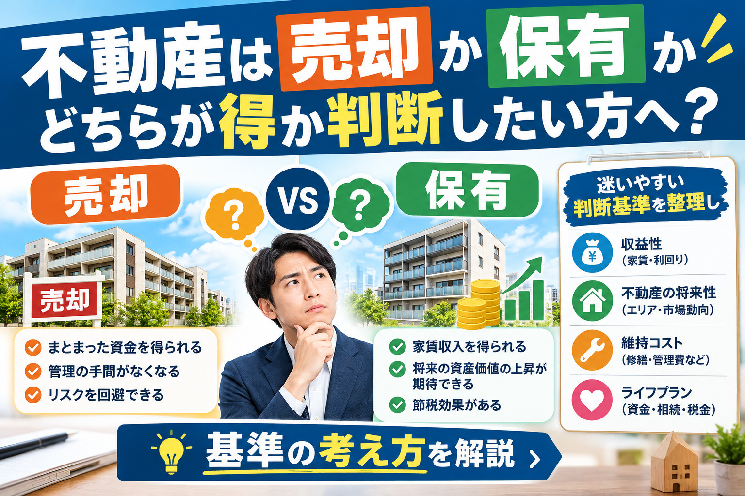 不動産は売却か保有かどちらが得か判断したい方へ?迷いやすい判断基準を整理し基準の考え方を解説の画像