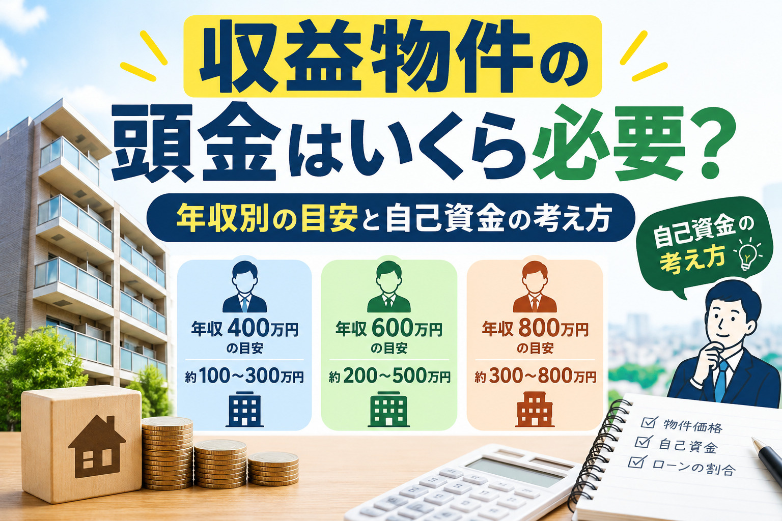 収益物件の頭金はいくら必要？年収別の目安と自己資金の考え方の画像