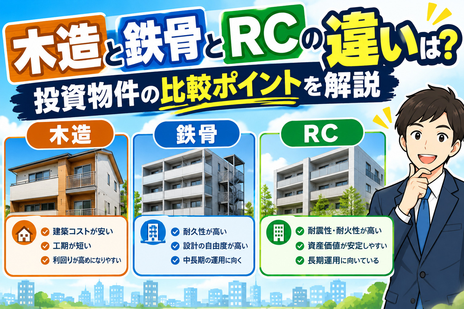 木造と鉄骨とRCの違いは?投資物件の比較ポイントを解説の画像