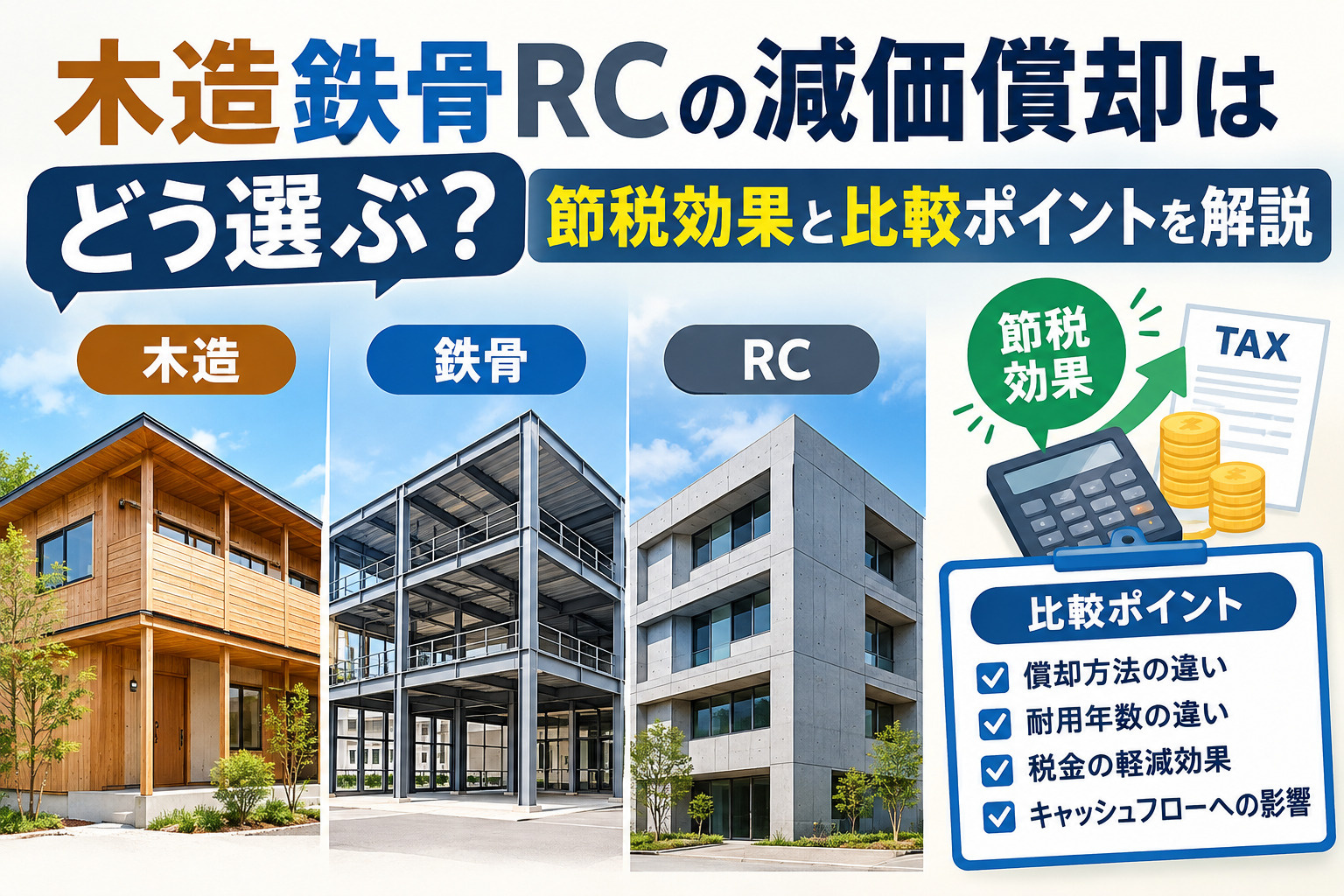 木造鉄骨RCの減価償却はどう選ぶ?節税効果と比較ポイントを解説の画像