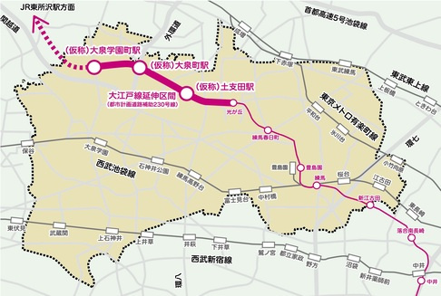 都営大江戸線の延伸予定ルートと（仮称）土支田駅・大泉町駅・大泉学園町駅の位置を示した図