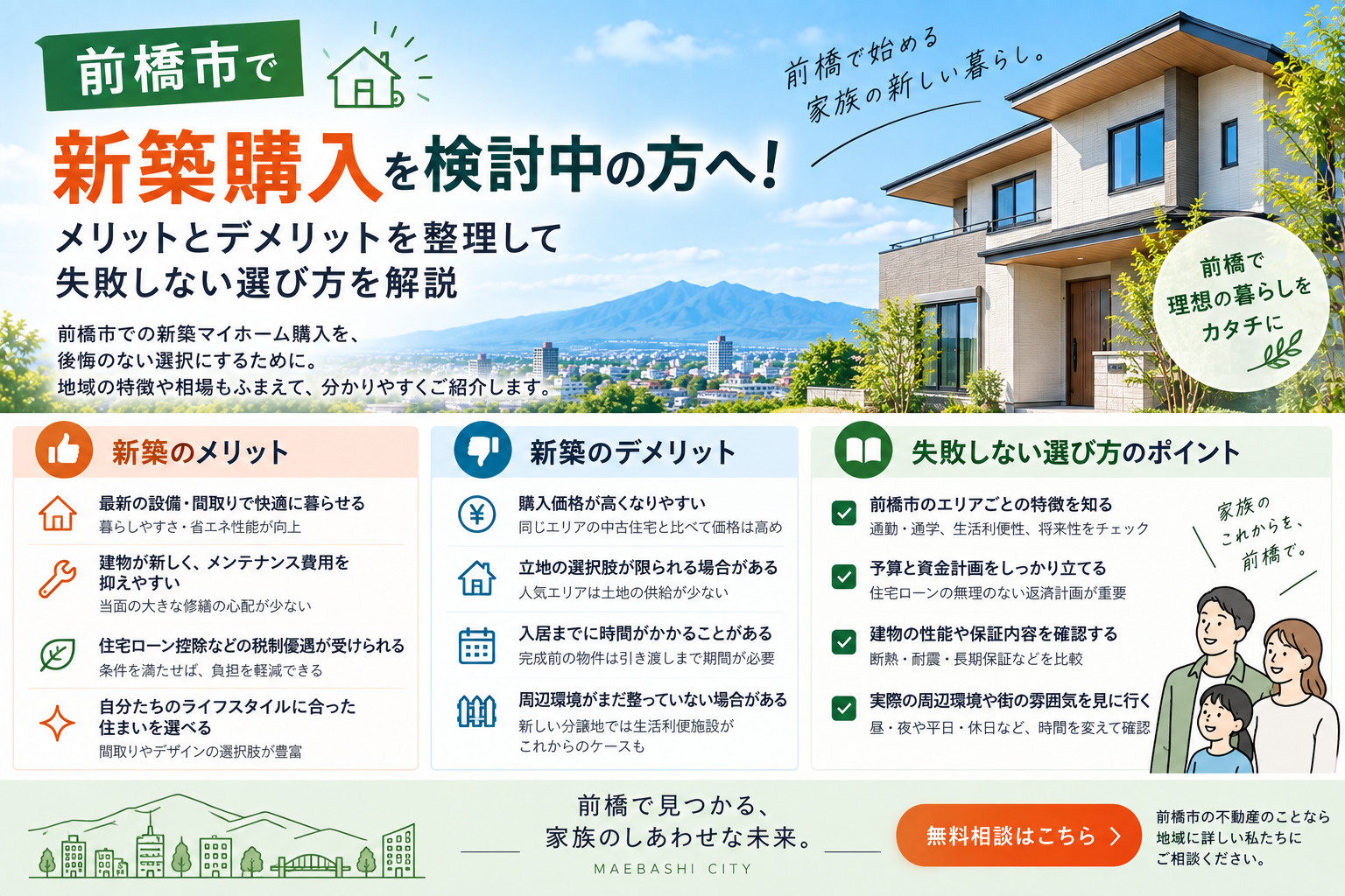 前橋市で新築購入を検討中の方へ!メリットとデメリットを整理して失敗しない選び方を解説の画像