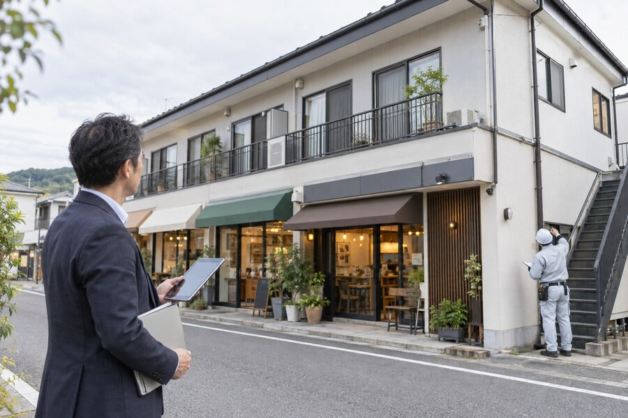 営業中のテナント建物を確認する家主と点検担当者