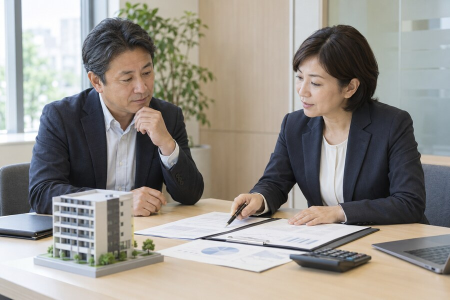 不動産融資の返済計画を確認する家主と金融機関担当者