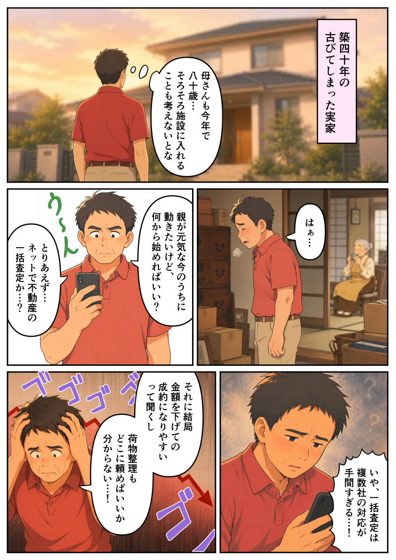 ①夕暮れ時、築40年の古びた実家を外から見つめる男性の後ろ姿。「築四十年の古びてしまった実家」という説明とともに、「母さんも今年で八十歳…そろそろ施設に入れることも考えないとな」と思い悩んでいます。
②実家の中で、積まれた段ボール箱などの荷物を見ながら「はぁ…」とため息をつく男性。奥の部屋には、のんびりとお茶を飲んでいる高齢の母親の姿が見えます。
③スマートフォンを手に持ち、「う〜ん」と悩む男性。「親が元気な今のうちに動きたいけど、何から始めればいい？」と考え、「とりあえず…ネットで不動産の一括査定か…？」と思いつきます。
④しかし、すぐに渋い表情になり、「いや、一括査定は複数社の対応が手間すぎる…！」と一括査定のデメリットに気づきます。
⑤さらに「それに結局金額を下げての成約になりやすいって聞くし」「荷物整理もどこに頼めばいいか分からない…！」と次々と課題が思い浮かび、「ゴゴゴゴ」という擬音とともに両手で頭を抱えて激しく混乱しています。
