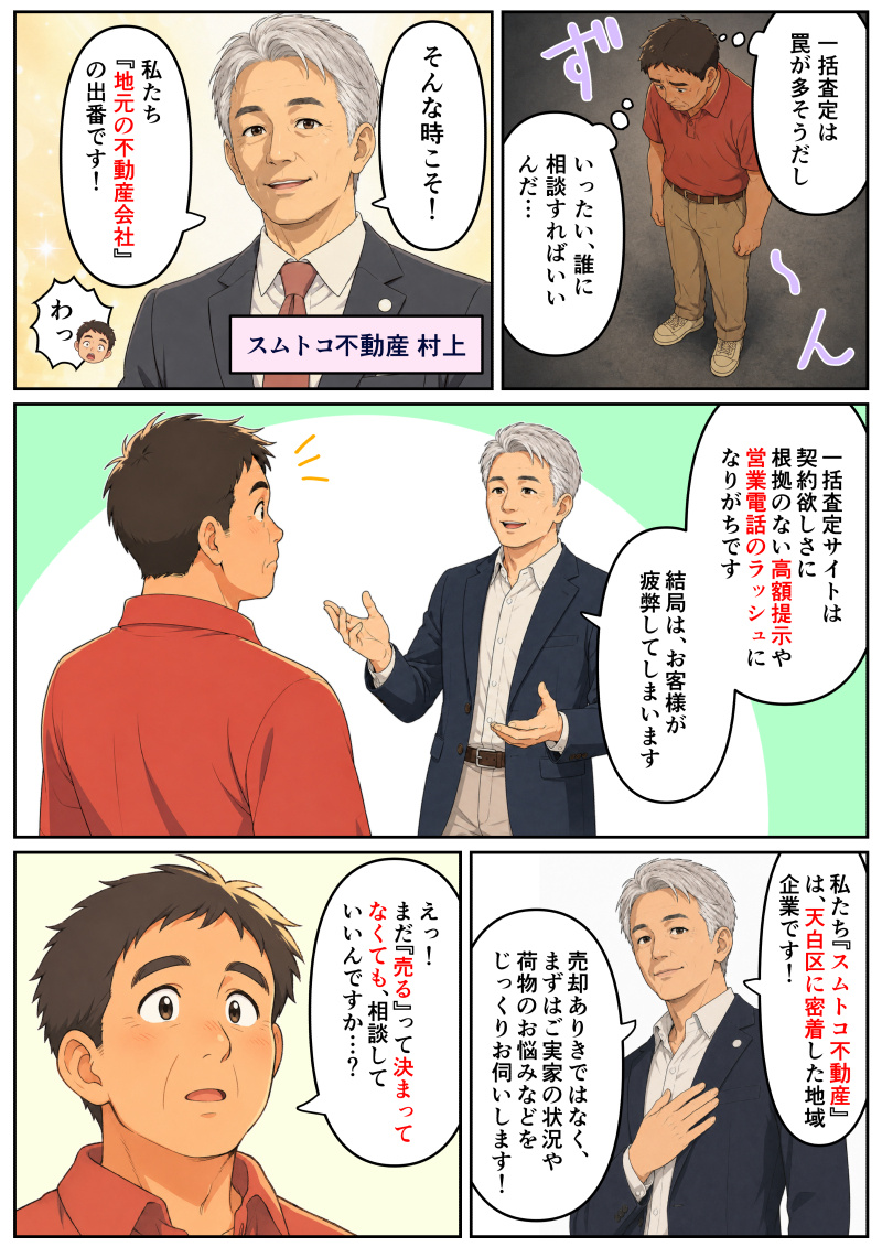 ①うつむき加減で「ずーん」と暗く落ち込む男性。「一括査定は罠が多そうだし、いったい、誰に相談すればいいんだ…」と途方に暮れています。
②突然、スーツ姿の白髪交じりのさわやかな男性が笑顔で現れます。「スムトコ不動産 村上」という紹介テロップとともに、「そんな時こそ！私たち『地元の不動産会社』の出番です！」と力強く宣言します。突然の登場に、隅で男性が「わっ」と驚いています。
③村上が男性に向かって説明を始めます。「一括査定サイトは契約欲しさに根拠のない高額提示や営業電話のラッシュになりがちです。結局は、お客様が疲弊してしまいます」と一括査定のデメリットを語り、男性は真剣な表情で耳を傾けています。
④胸に手を当て、誠実で頼もしい表情で語る村上。「私たち『スムトコ不動産』は、天白区に密着した地域企業です！売却ありきではなく、まずはご実家の状況や荷物のお悩みなどをじっくりお伺いします！」と、地域密着型の親身な姿勢をアピールします。
⑤村上の言葉を聞いてパッと表情を明るくし、目を丸くする男性。「えっ！まだ『売る』って決まってなくても、相談していいんですか…？」と、驚きつつも安心した様子で尋ねています。
