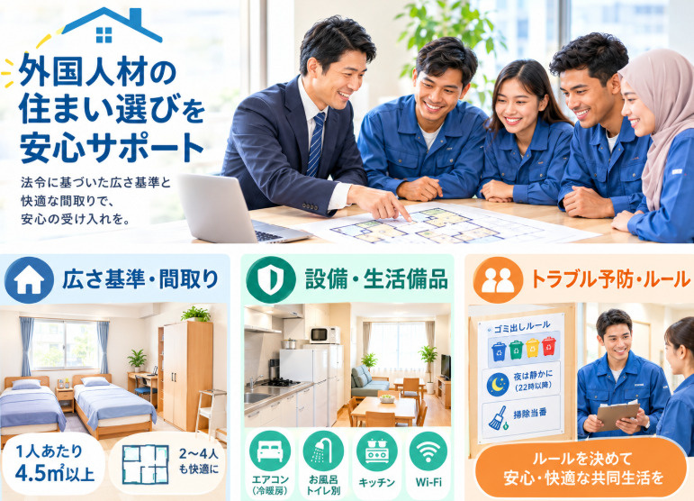 【2026年最新】1部屋に何人まで？技能実習生・特定技能生の「広さ基準・設備要件」とおすすめの間取りを徹底解説の画像