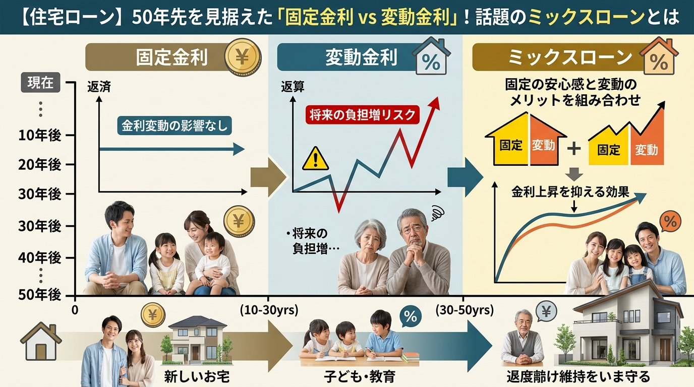 【住宅ローン】50年先を見据えた「固定金利 vs 変動金利」！話題のミックスローンとは？の画像