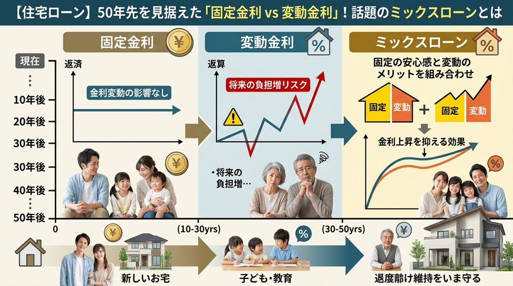 【住宅ローン】50年先を見据えた「固定金利 vs 変動金利」！話題のミックスローンとは？の画像