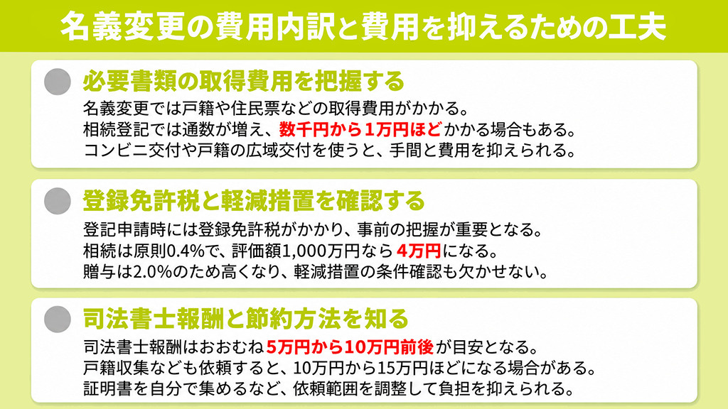  名義変更の費用内訳と費用を抑えるための工夫