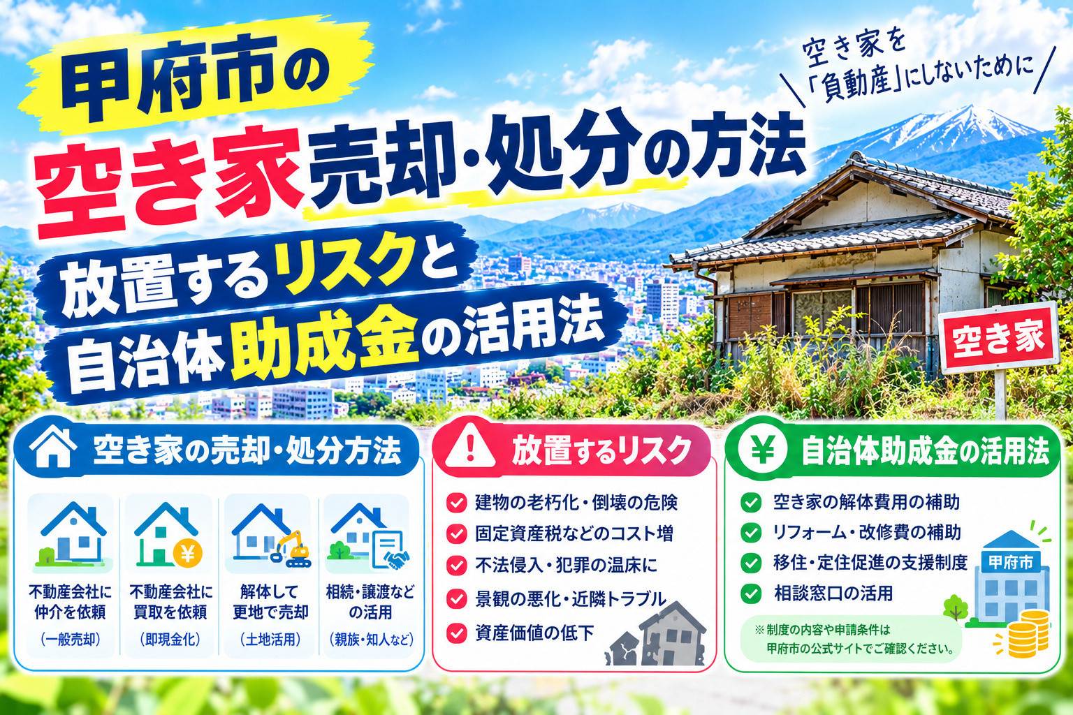 甲府市の空き家売却・処分の方法|放置するリスクと自治体助成金の活用法の画像