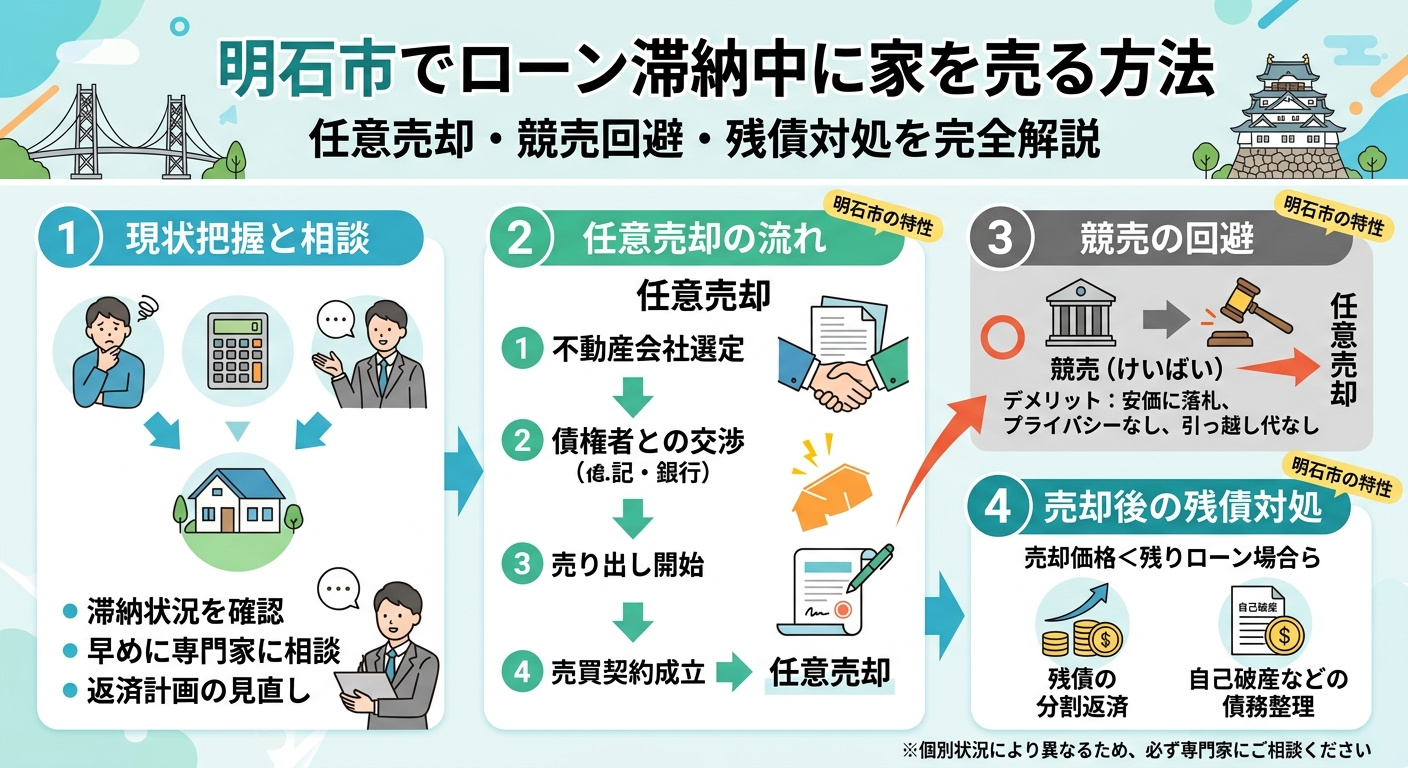 明石市でローン滞納中に家を売る方法を完全解説|任意売却・競売回避・残債対処・注意点までの画像