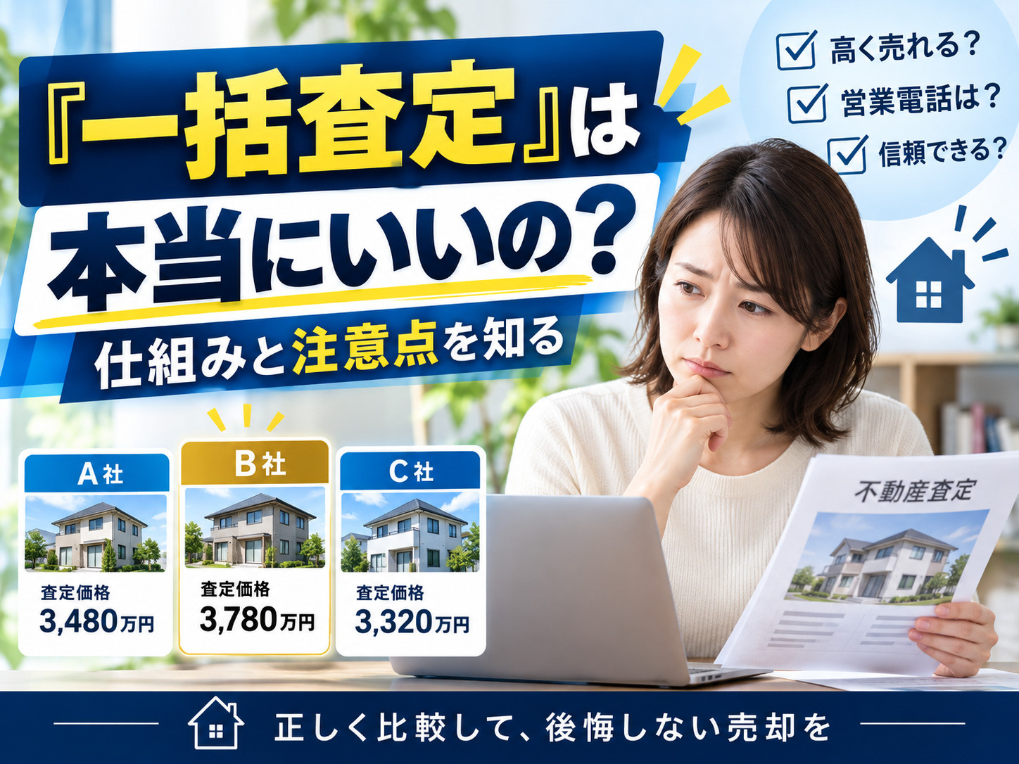 不動産の一括査定を比較検討するイメージ
