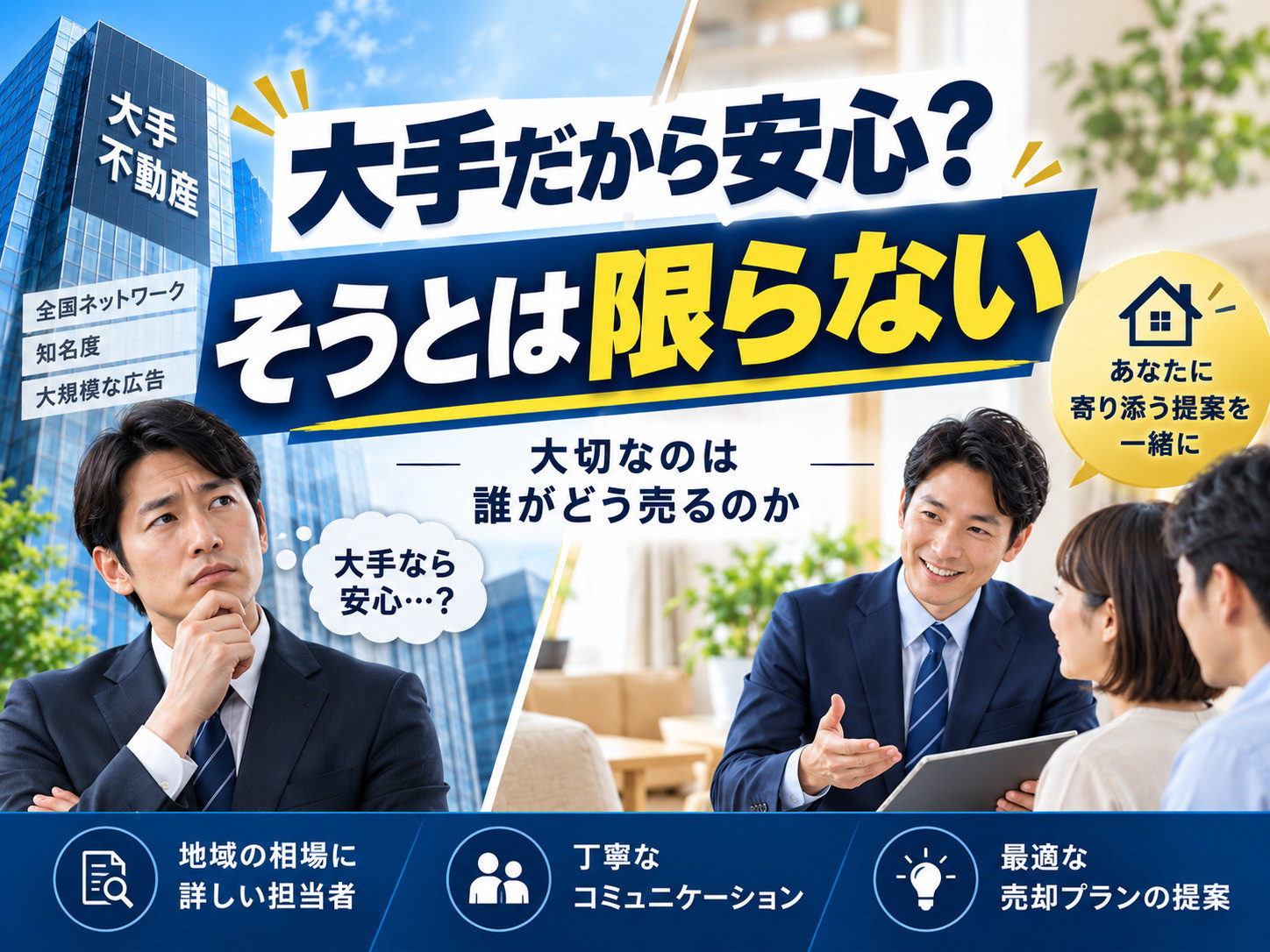 大手不動産会社だけでなく担当者や売却方法を比較するイメージ