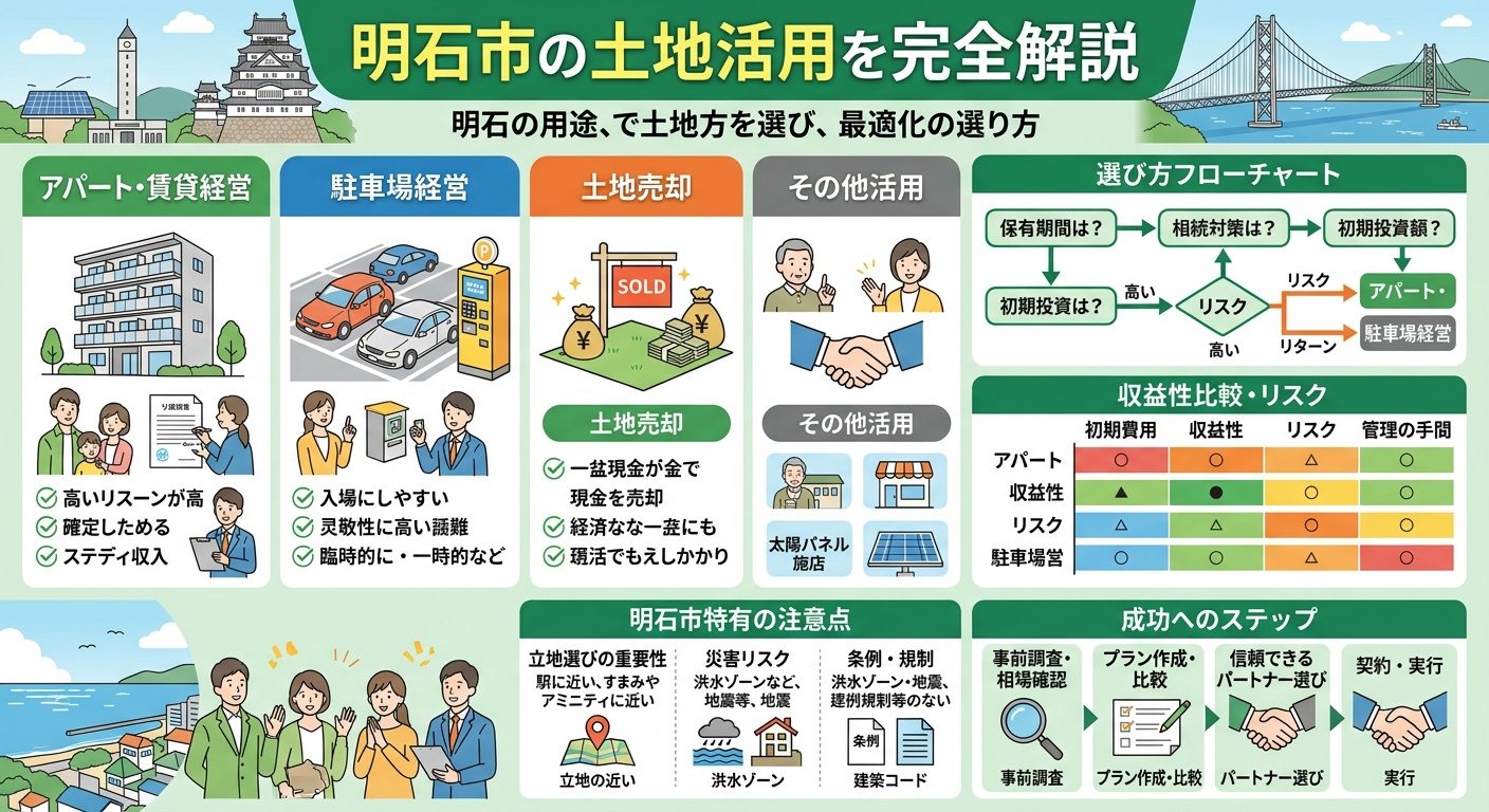 【明石市】土地活用の方法とは?アパート・駐車場・売却など選び方・収益比較を徹底解説の画像