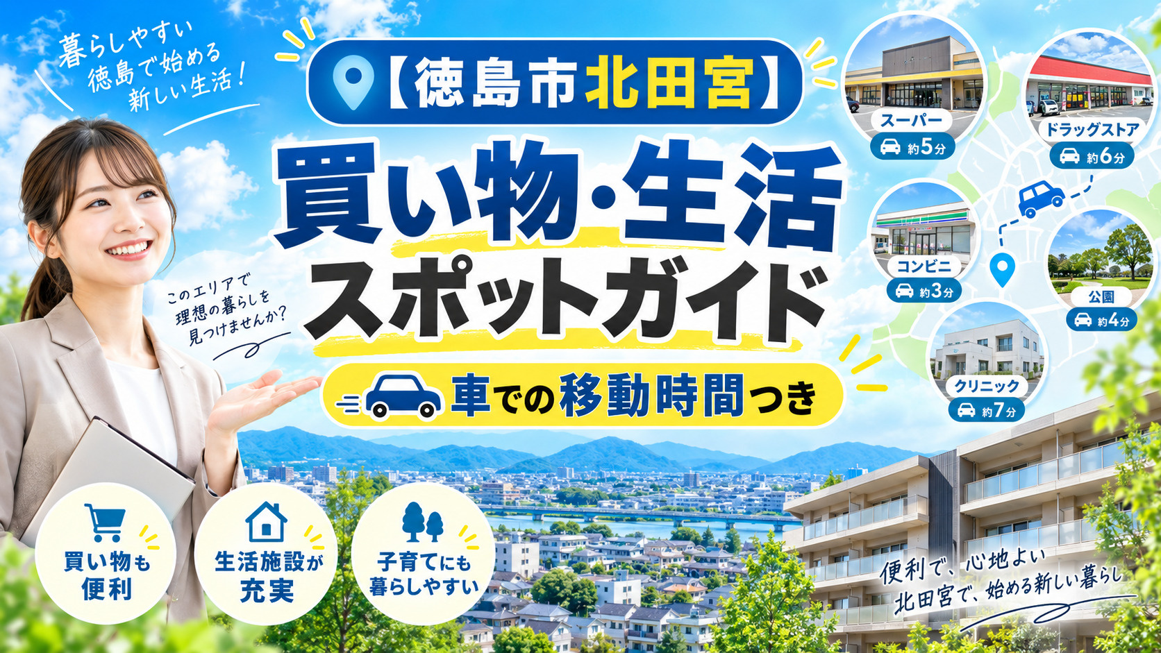 【徳島市北田宮】買い物・生活スポットガイド|車での移動時間つきの画像