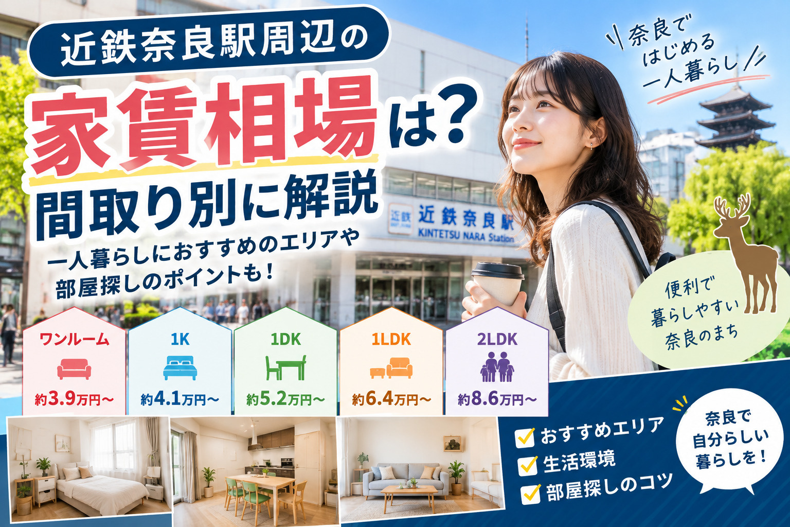 近鉄奈良駅周辺の家賃相場は？ワンルーム・1K・1LDK・2LDK・3LDKを間取り別に解説の画像