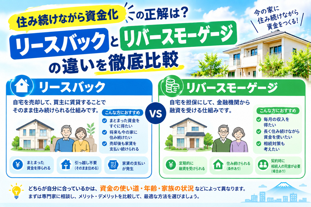「住み続けながら資金化」の正解は？リースバックとリバースモーゲージの違いを徹底比較の画像