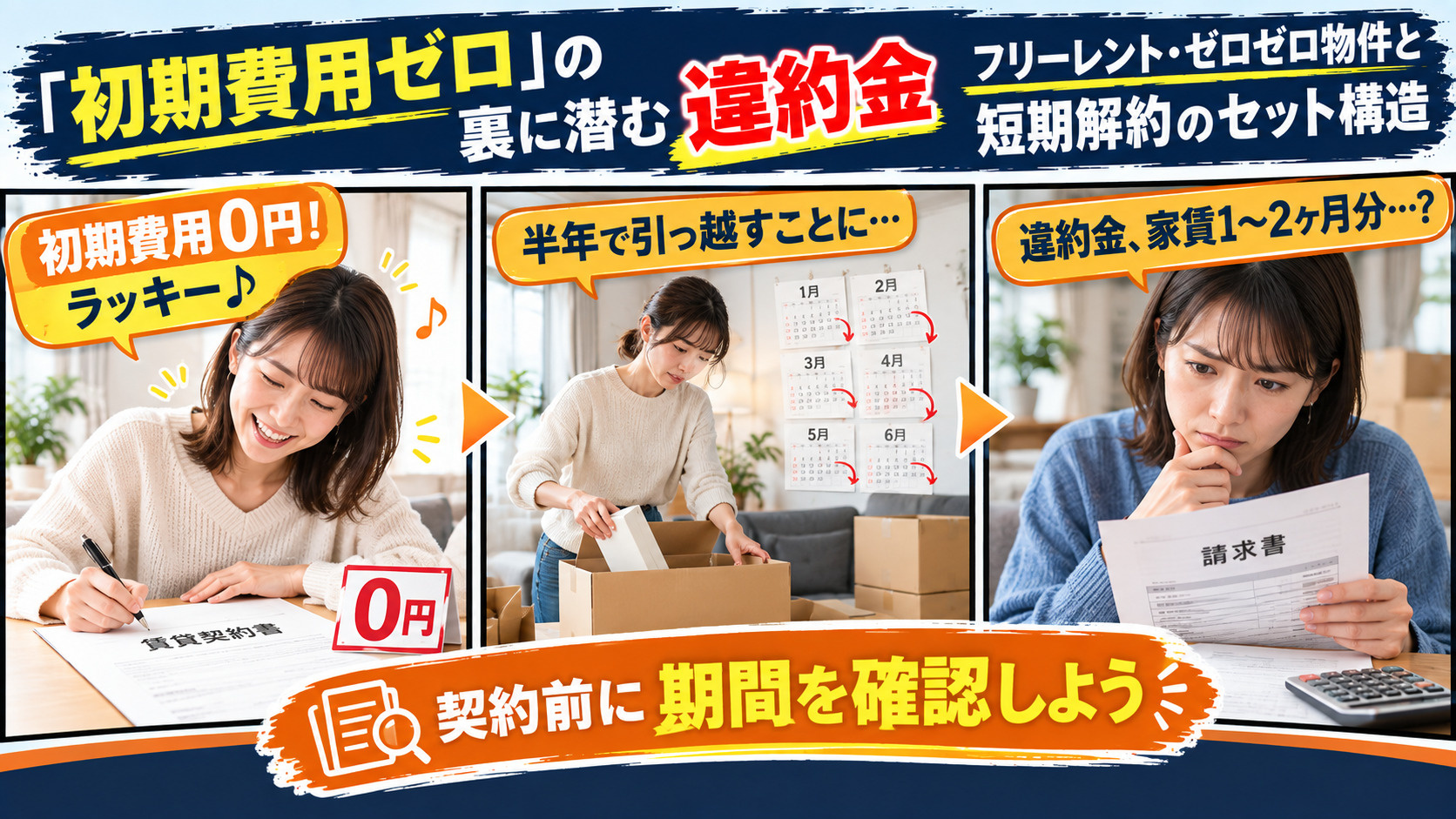 「初期費用ゼロ」の裏に潜む違約金　　フリーレント・ゼロゼロ物件と短期解約のセット構造の画像