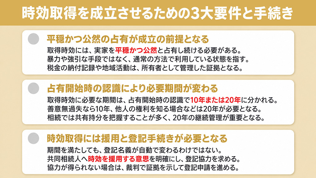時効取得を成立させるための3大要件と手続き