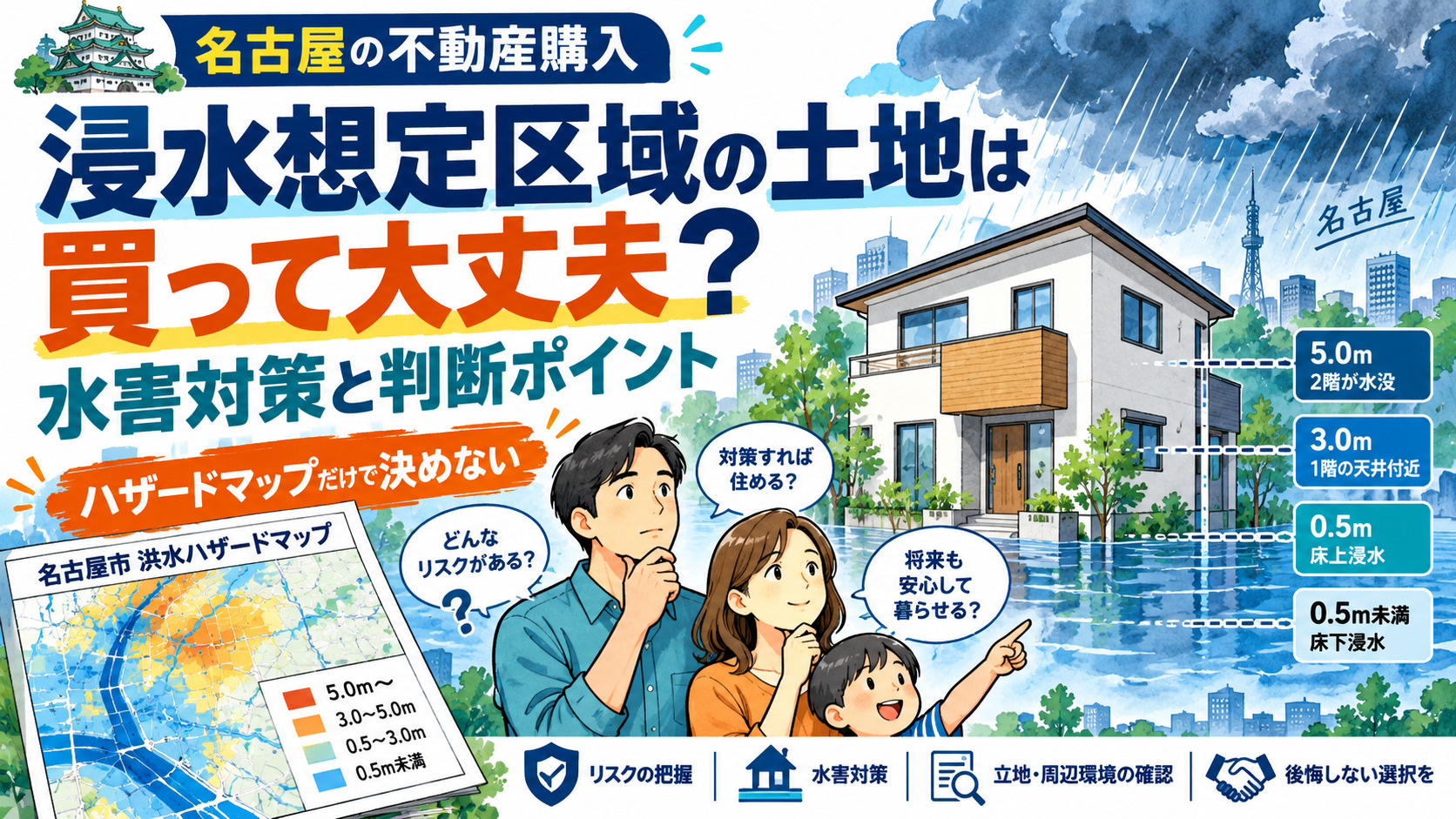 浸水想定区域の土地は買って大丈夫?水害対策と判断ポイント 【名古屋の不動産購入】の画像
