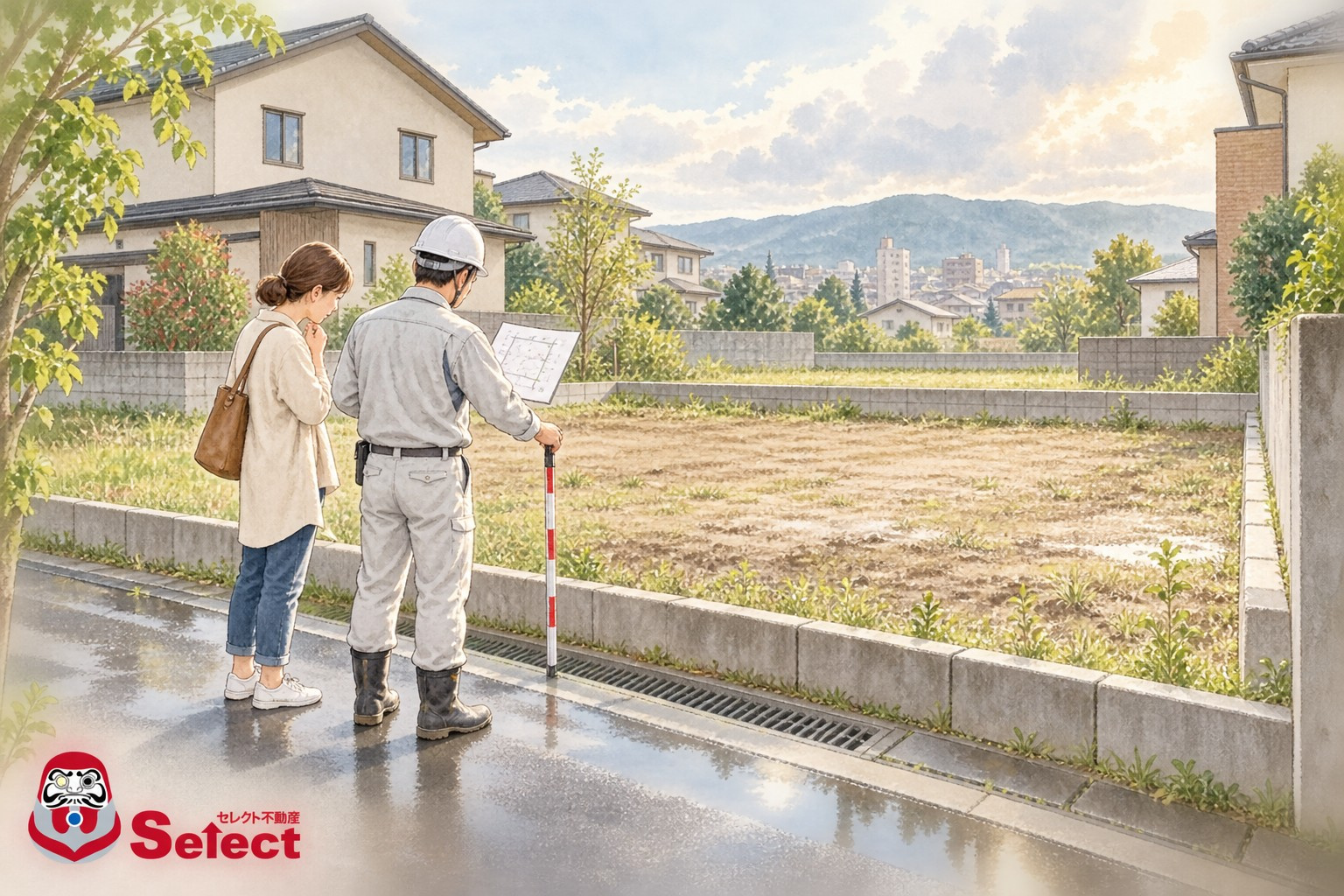 八代市で土地を購入する前に｜雨上がりの現地で確認したいことをテーマにした住まい選びのイラスト