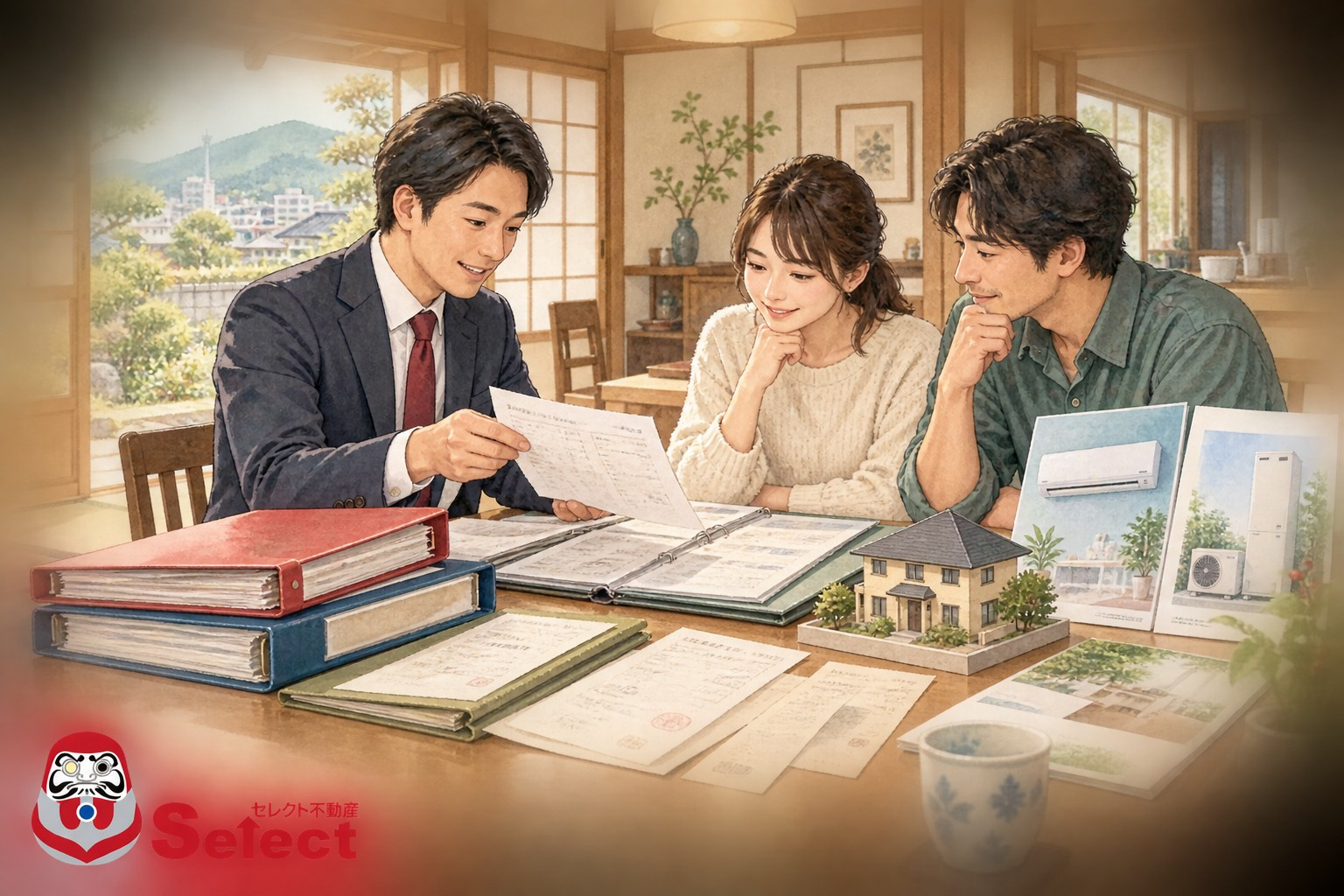 八代市の中古住宅購入｜修繕履歴と住宅設備を確認する順番をテーマにした住まい選びのイラスト