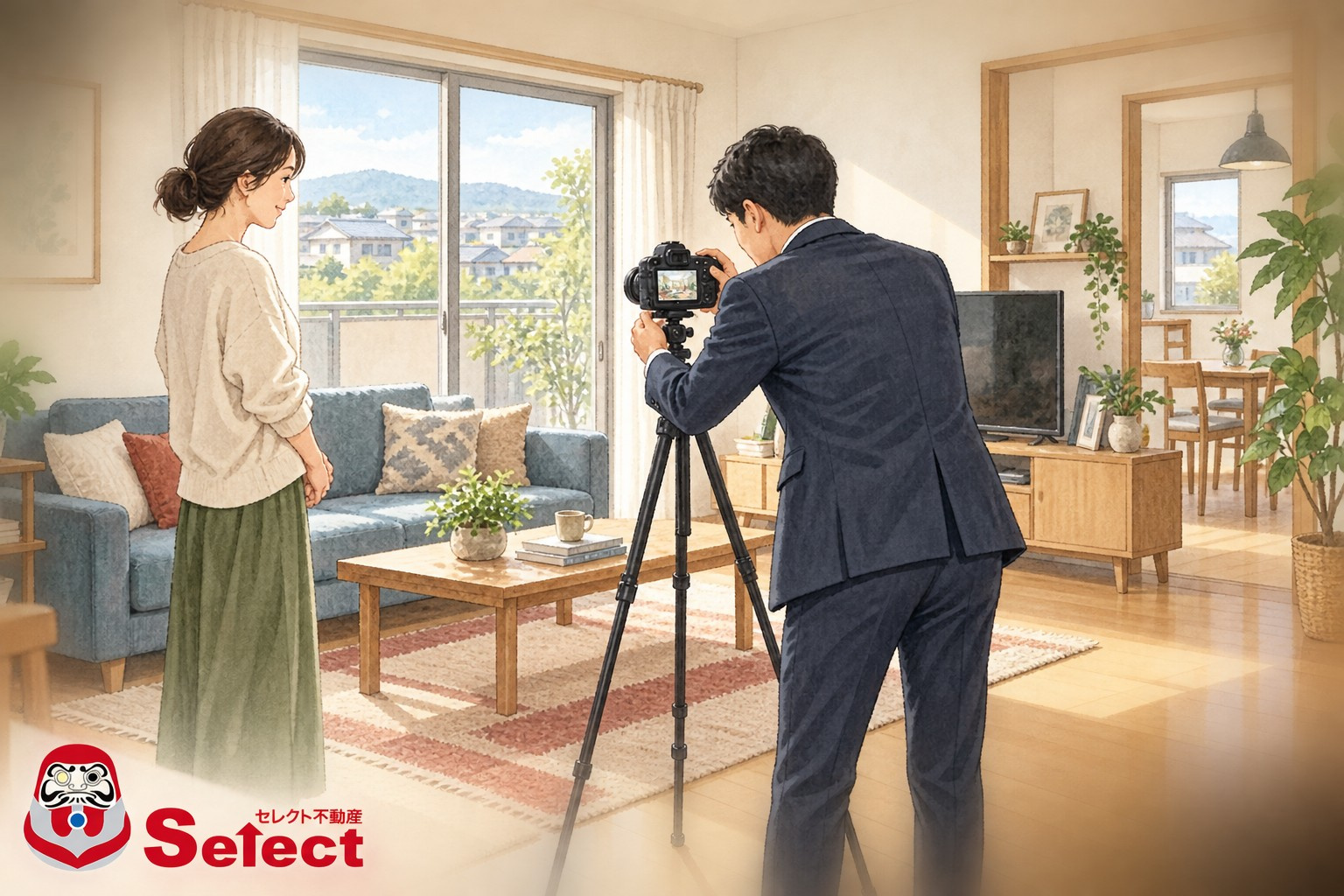 八代市で家を売却する前に｜室内写真を撮る日の片付けと準備をテーマにした住まい選びのイラスト