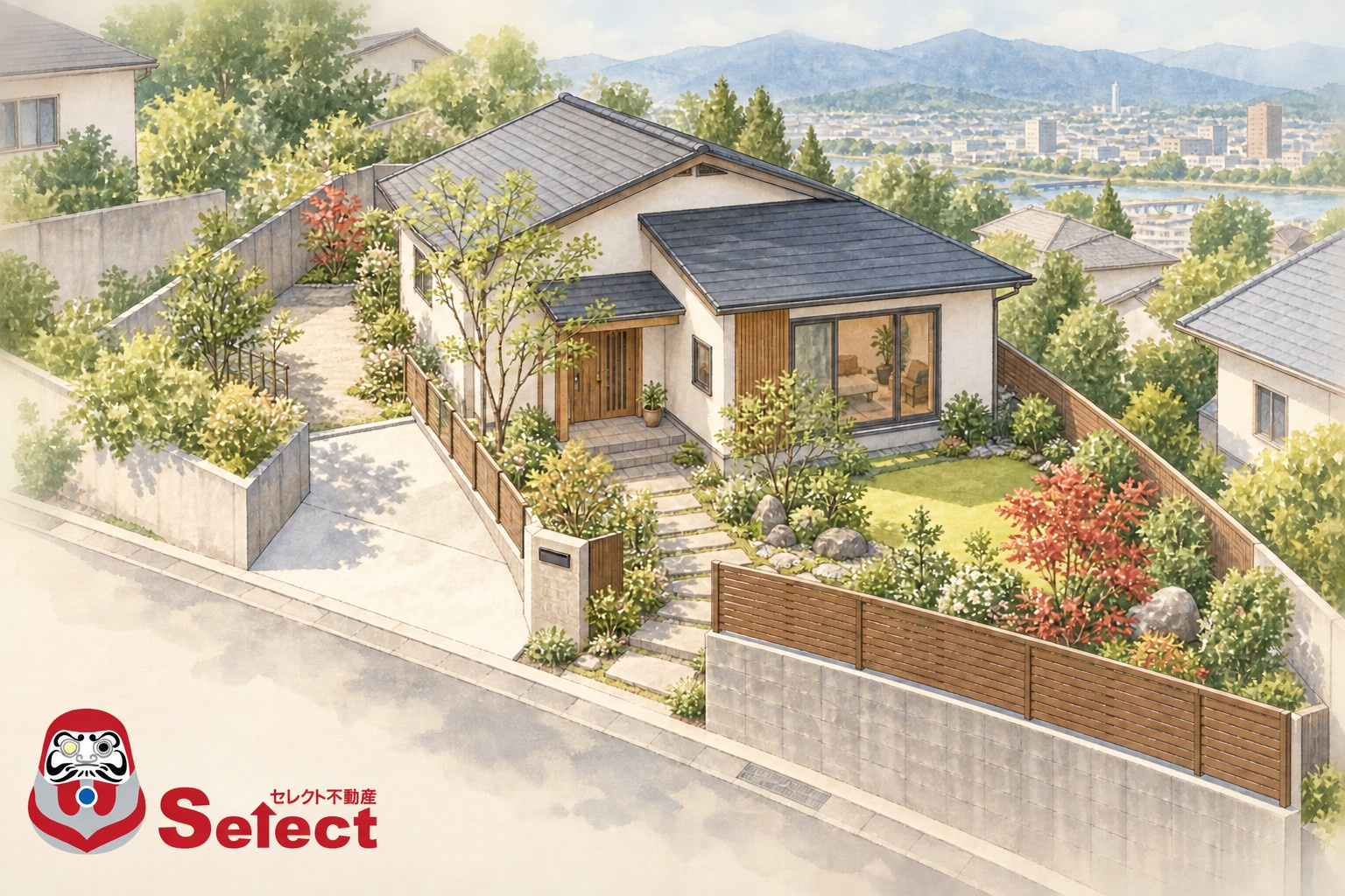 八代市の土地選び|形状と建物配置から暮らしやすさを考えるをテーマにした住まい選びのイラスト
