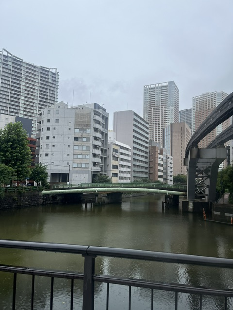 香取橋から見た、雨の中を走る東京モノレール（芝浦の新芝運河）