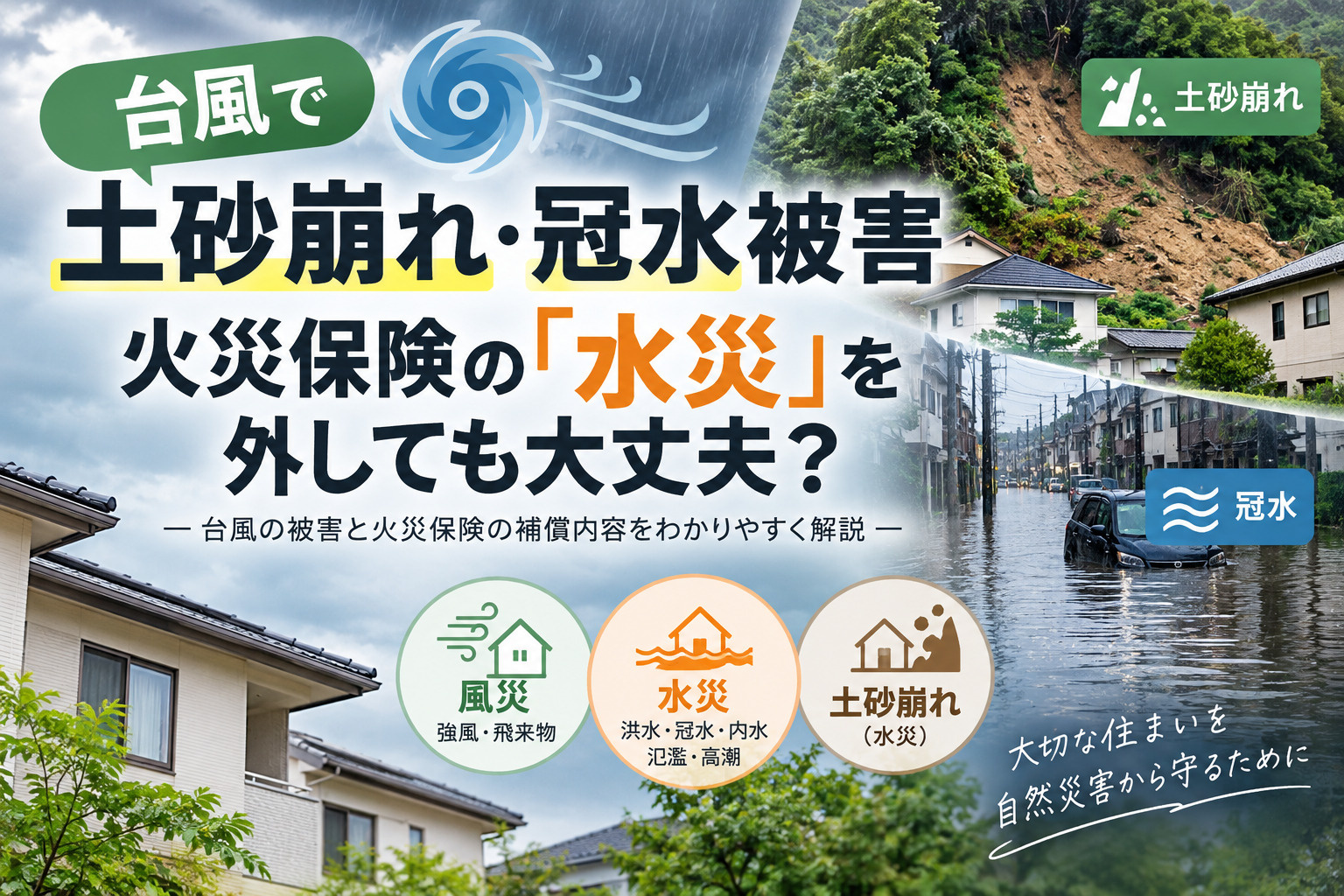 台風で土砂崩れ・冠水被害|火災保険の「水災」を外しても大丈夫?の画像