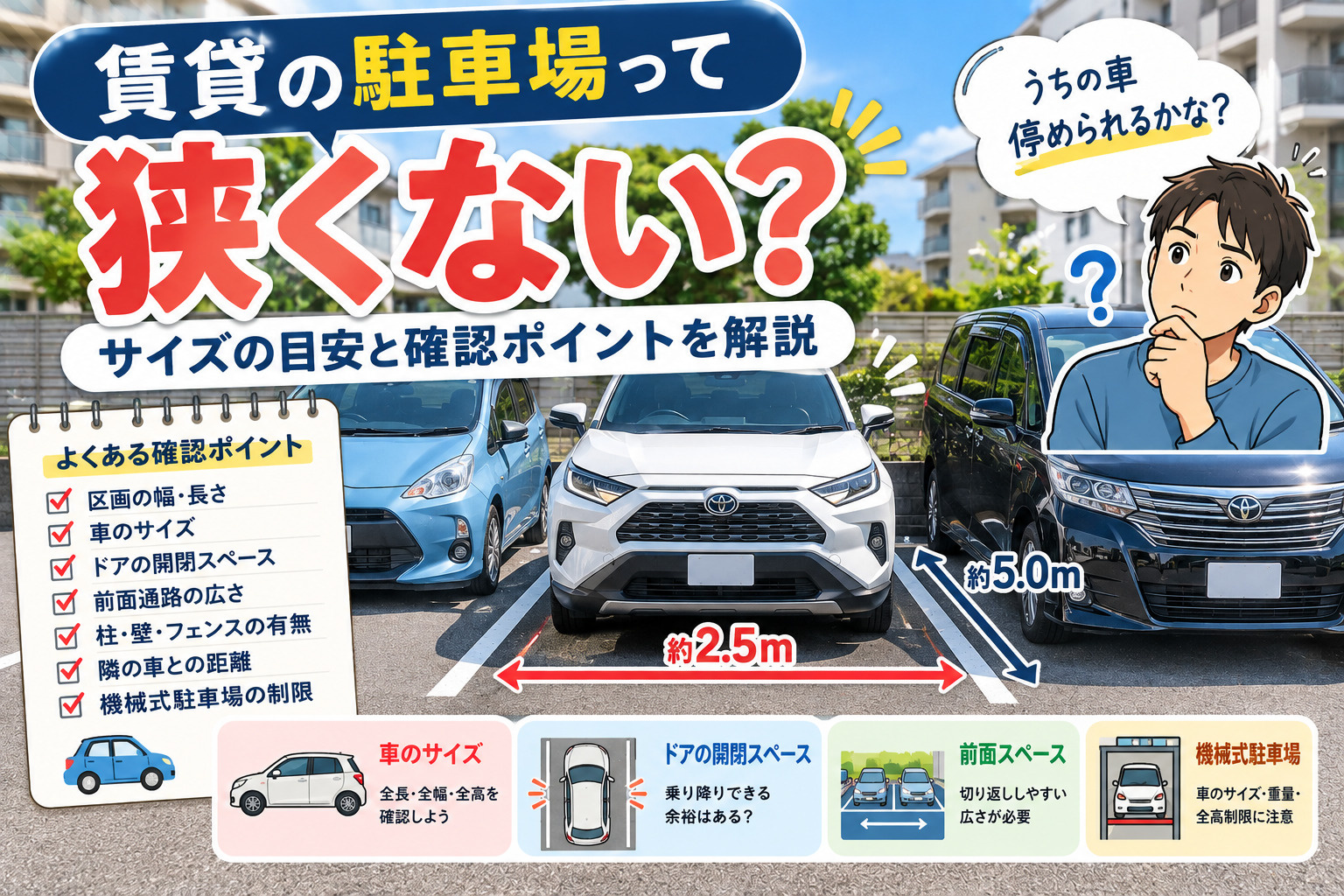 賃貸の駐車場って狭くない?駐車区画のサイズと内見時に確認したいポイントの画像