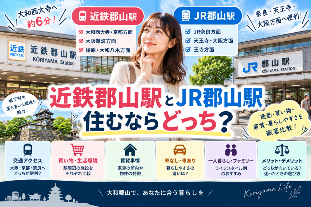 近鉄郡山駅とJR郡山駅、住むならどっち？交通・買い物・賃貸を徹底比較の画像