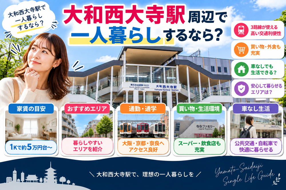 大和西大寺駅周辺で一人暮らしするなら?家賃・おすすめエリア・車なし生活まで解説の画像