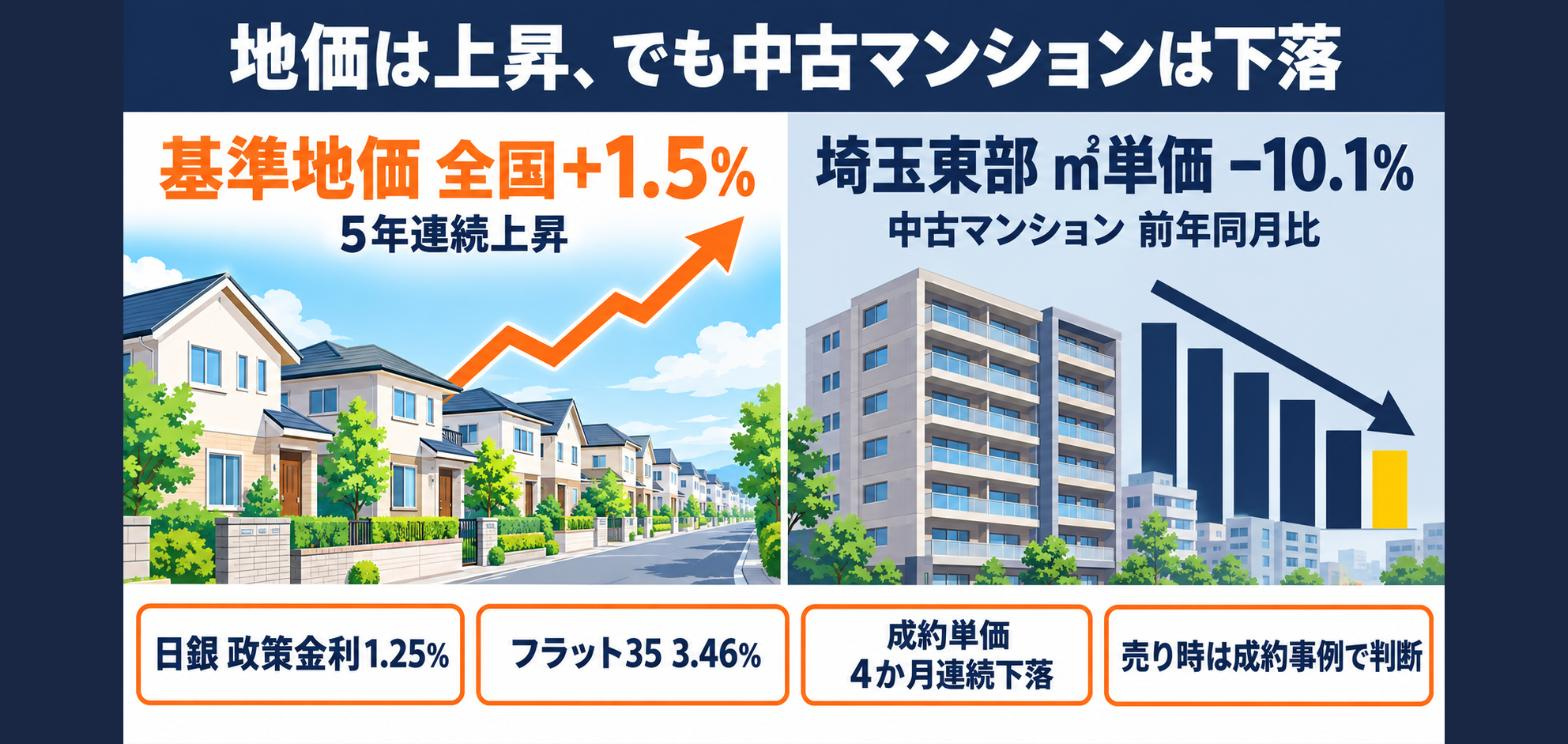 「地価5年連続上昇」なのに埼玉東部の中古マンションは前年比−10.1%　2026年基準地価と日銀1.25%利上げで読む