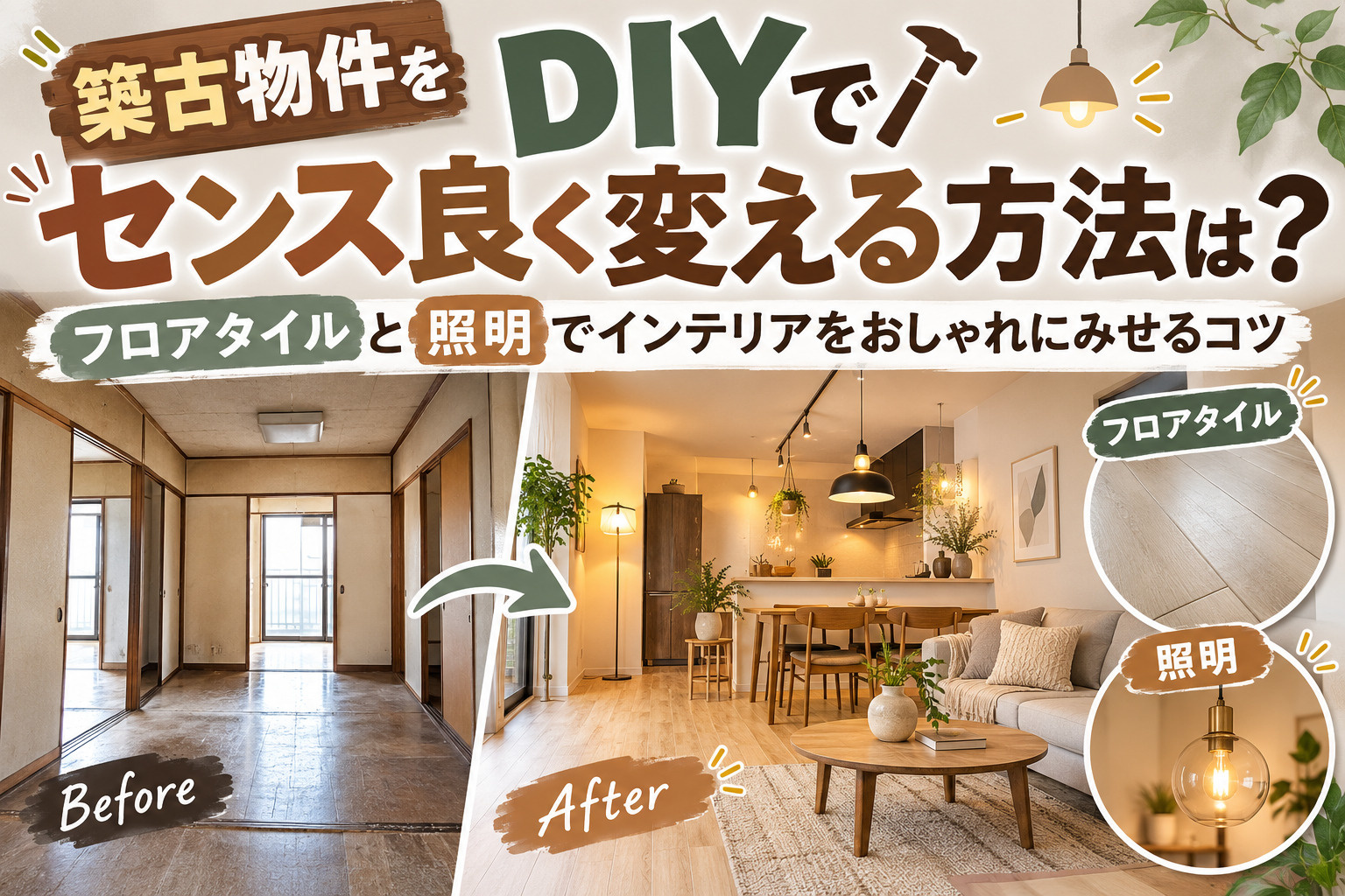 築古物件をDIYでセンス良く変える方法は？フロアタイルと照明でインテリアをおしゃれにみせるコツの画像