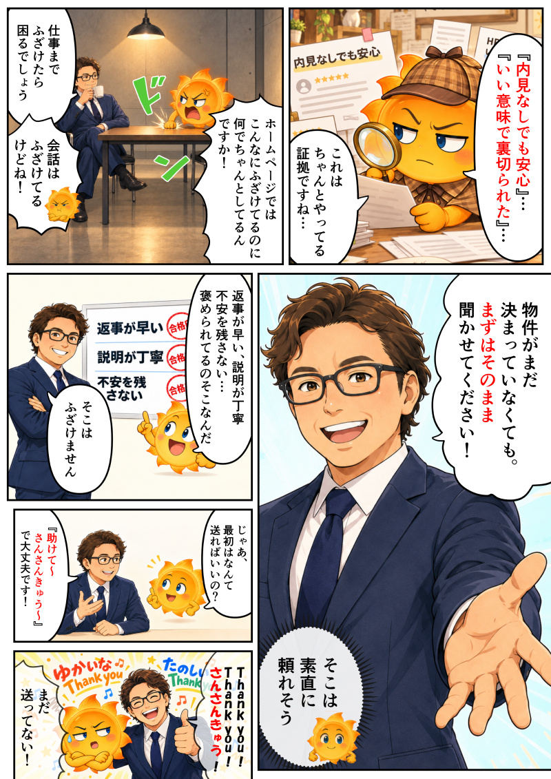 ① 探偵の衣装を着たたんたんQが、「内見なしでも安心」「いい意味で裏切られた」といった高評価の口コミを虫眼鏡で調べ、「これは ちゃんとやってる証拠ですね…」と感心しているコマ。
② たんたんQが机をバシッと叩き、「ホームページでは こんなにふざけてるのに 何でちゃんとしてるんですか！ 仕事までふざけたら困るでしょう」と怒り、佐々木代表が「会話はふざけてるけどね！」と返しているコマ。
③ 合格印が押された「返事が早い」「説明が丁寧」「不安を残さない」のボードを指し、たんたんQが「褒められてるのそこなんだ」と気づき、佐々木代表が「そこはふざけません」とキリッとした表情を見せるコマ。
④ 佐々木代表が笑顔で手を差し伸べ、「物件がまだ決まっていなくても。まずはそのまま聞かせてください！」と力強く呼びかけ、たんたんQが「そこは素直に頼れそう」と信頼を寄せるコマ。
⑤ たんたんQが「じゃあ、最初はなんて送ればいいの？」と尋ね、佐々木代表が「『助けて〜 さんさんきゅう〜』で大丈夫です！」と答えているコマ。
⑥ 賑やかな文字（「ゆかいな Thank you」「さんさんきゅう！」など）が躍る華やかな背景のなか、佐々木代表の横でたんたんQが「まだ送ってない！」と照れながらツッコミを入れているコマ。
