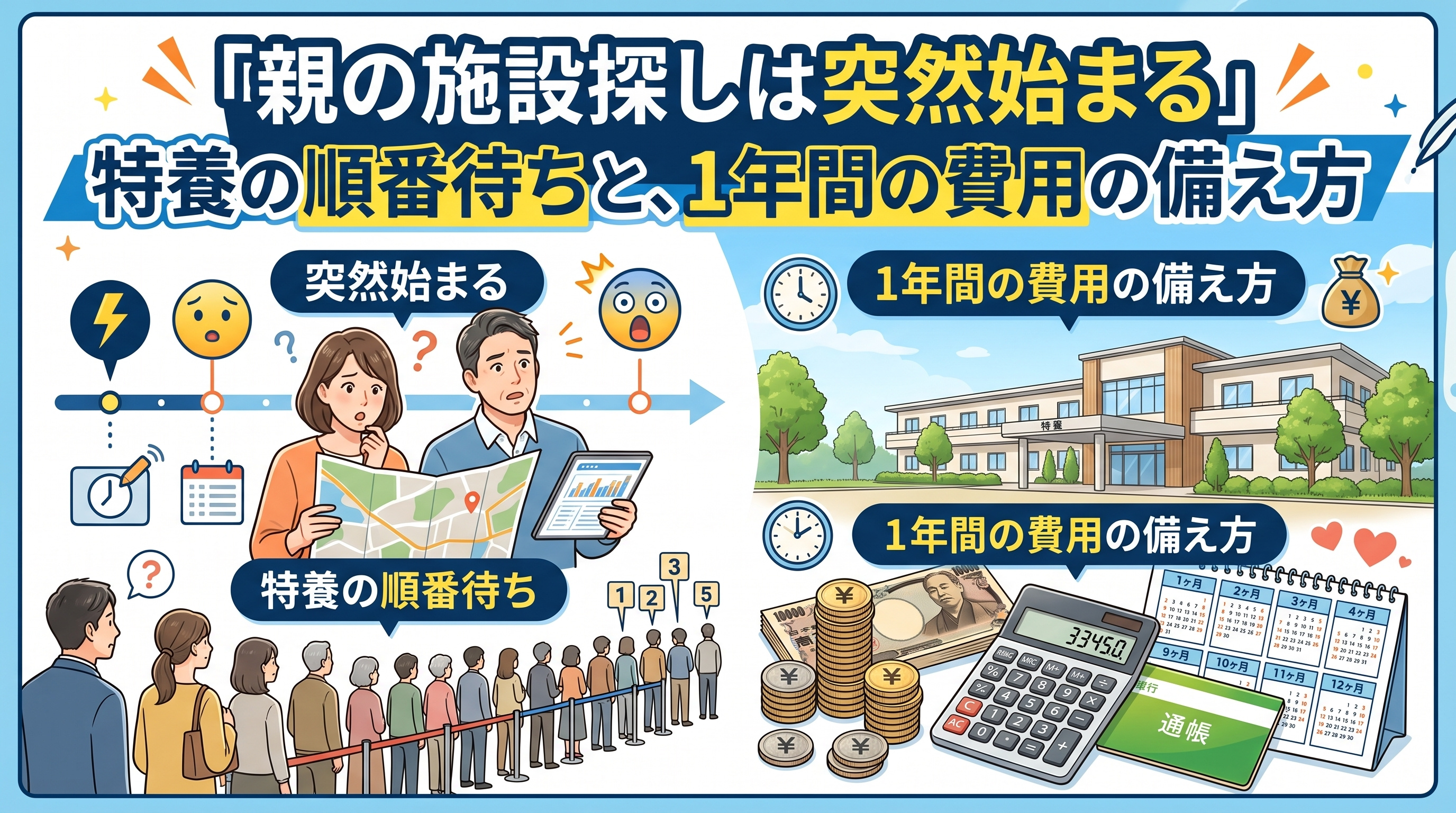 「親の施設探しは突然」特養の待ち時間と費用の備えの画像