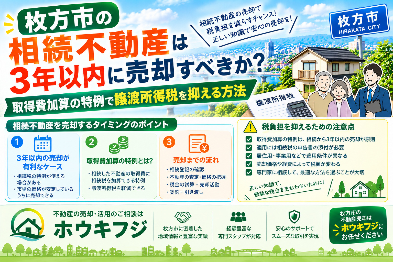 枚方市の相続不動産は3年以内に売却すべきか?取得費加算の特例で譲渡所得税を抑える方法の画像
