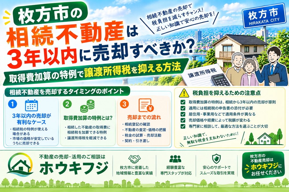 枚方市の相続不動産は3年以内に売却すべきか？取得費加算の特例で譲渡所得税を抑える方法の画像
