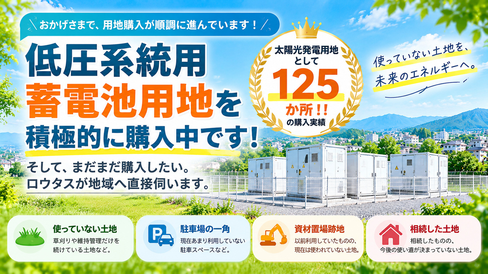 低圧系統用蓄電池用地、順調に購入中！ロウタスが地域の皆さまへ直接ご説明・チラシ配布を行いますの画像