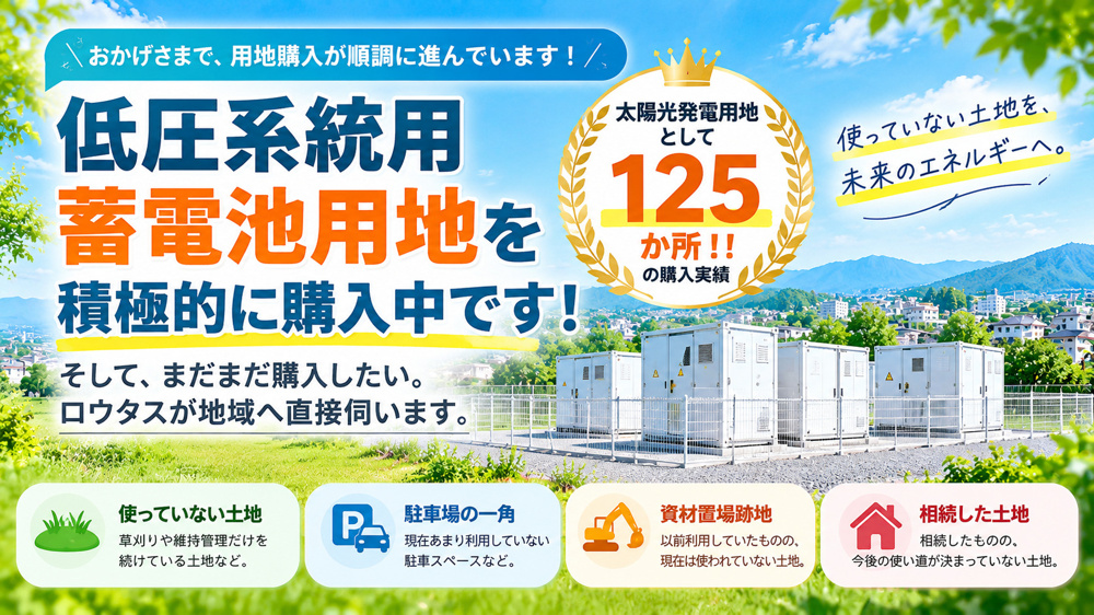 低圧系統用蓄電池用地、順調に購入中！ロウタスが地域の皆さまへ直接ご説明・チラシ配布を行いますの画像