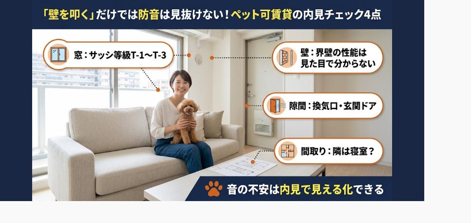 【内見チェックリスト】ペット可賃貸の防音は「壁を叩く」だけでは見抜けない？サッシ等級・界壁・犬の鳴き声80dBで比べるの画像